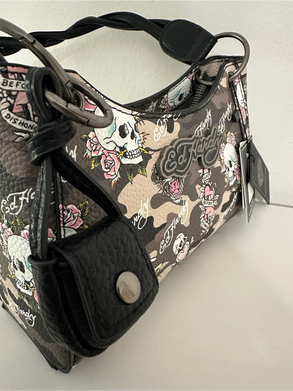 Ed Hardy Black, Beige & Pink Tattoo-Print Shoulder Bag